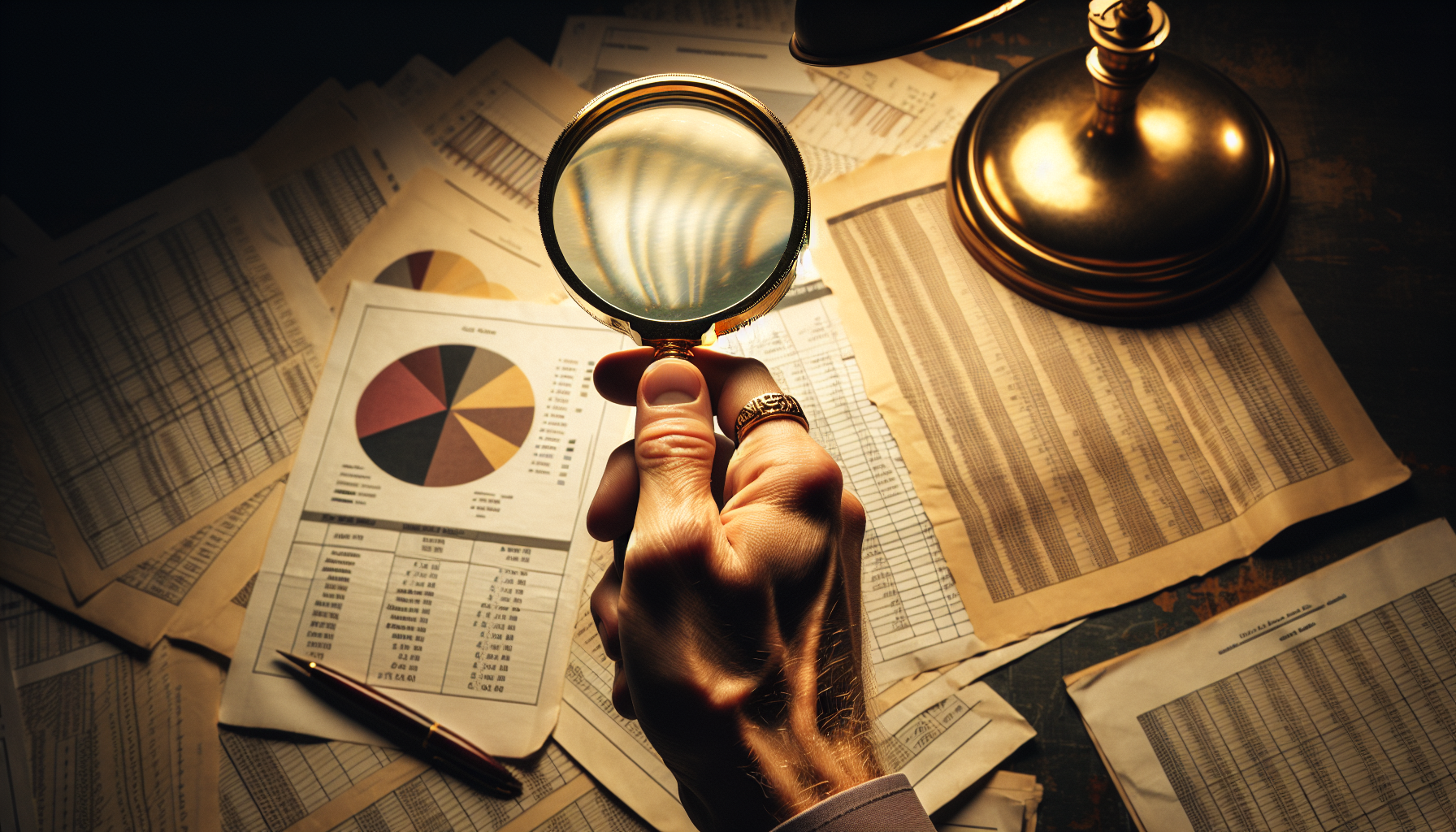 Magnifying glass analyzing financial statements of a company