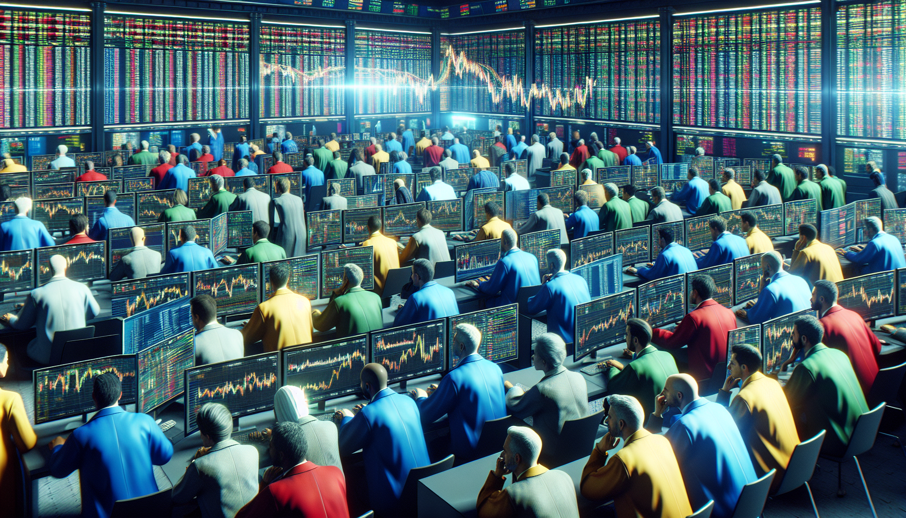 Stock market trading floor with multiple screens displaying stock prices