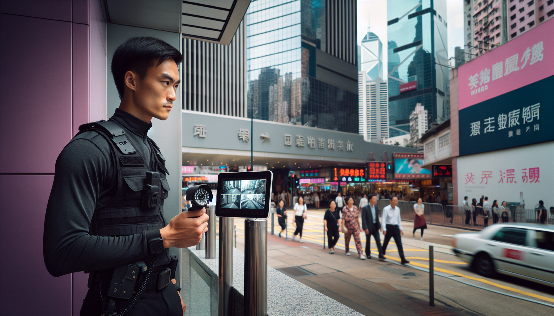 A security guard monitoring a CCTV camera in Hong Kong